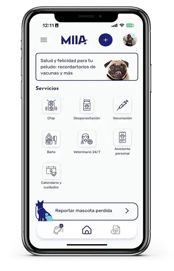 Pantalla principal de la app MIIA con los servicios de cuidado