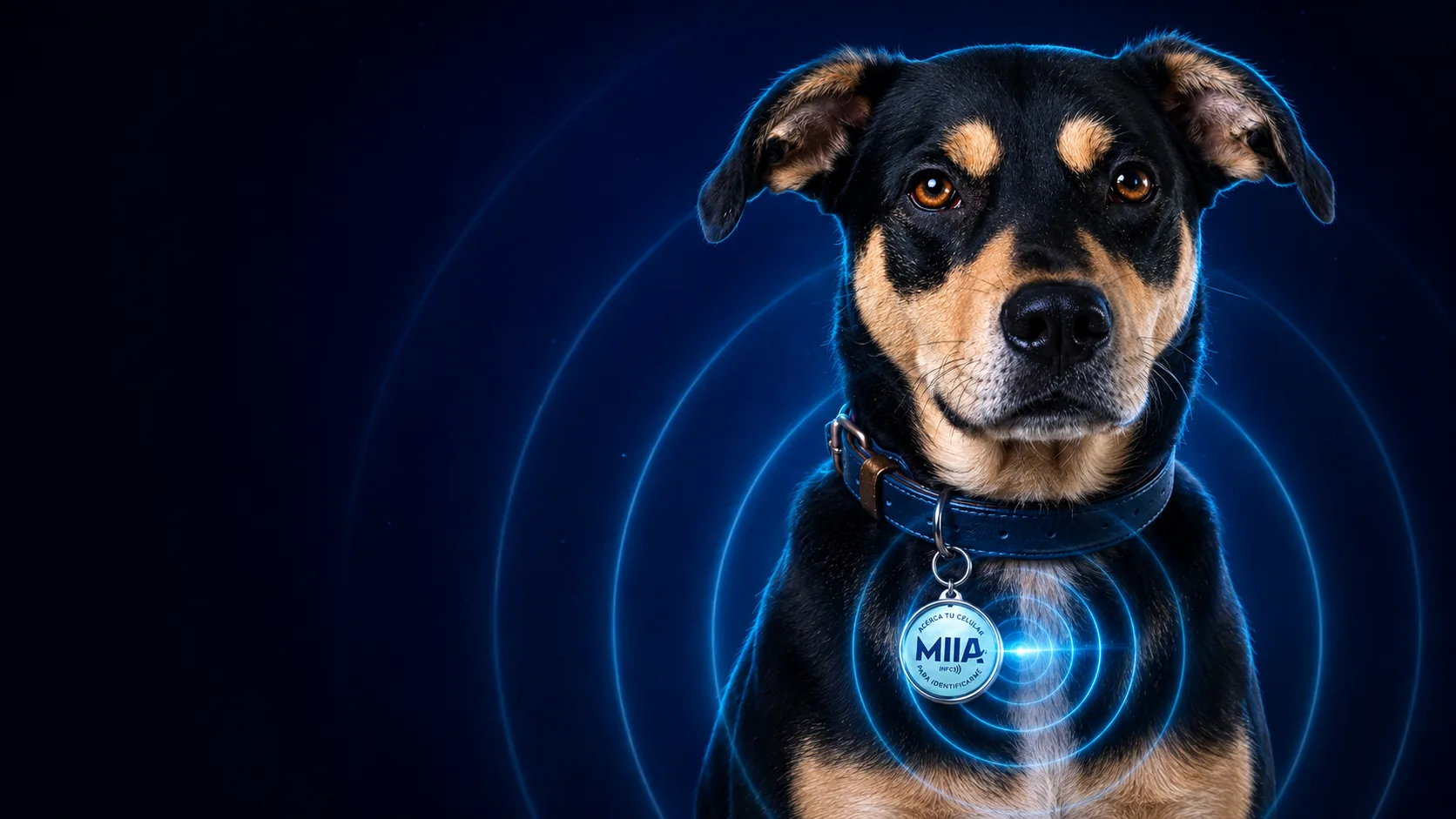 Perro mirando a cámara con la placa MIIA en el collar emitiendo una señal